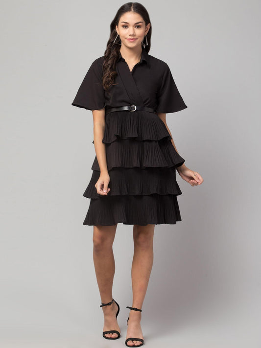 Women's Crepe Solid Shirt Collar Flared Black Short Dress