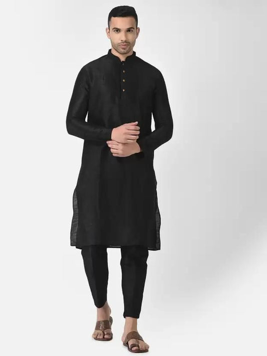 AHBABI Men's Solid Dupion Silk Kurta Pyjama Set Black