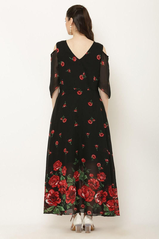 Women's Floral Print V-Neck Georgette Maxi Dress