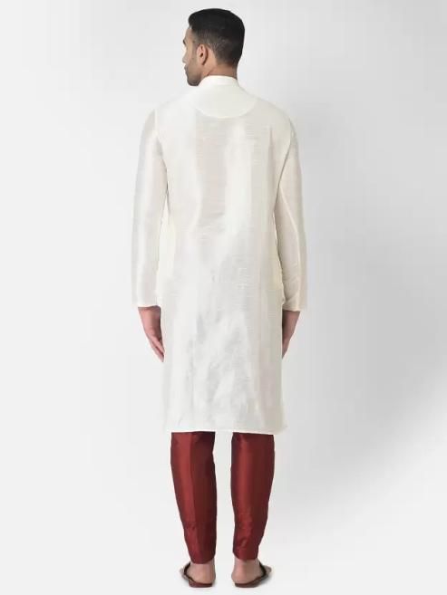 AHBABI Men's Solid Slit Style Dupion Silk Kurta Pyjama Set Off White-Red