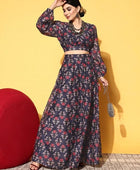 Women's Navy Floral Wrap Crop Top With Long Skirt