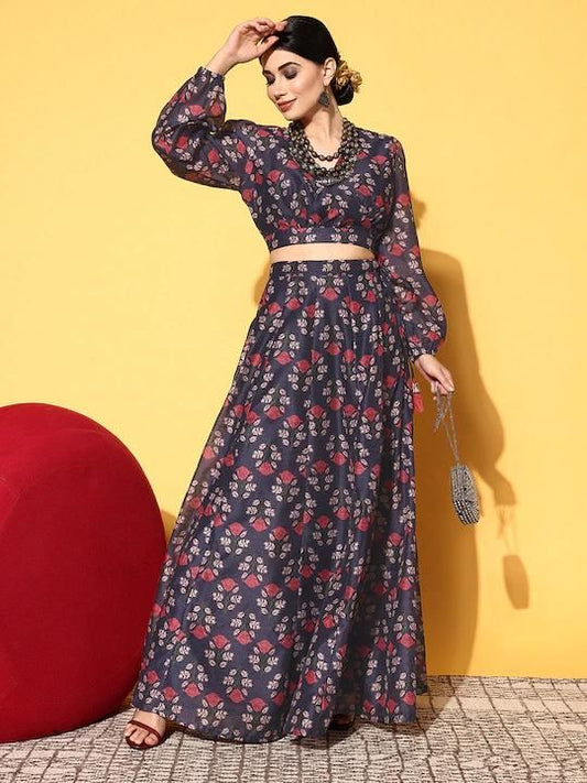Women's Navy Floral Wrap Crop Top With Long Skirt