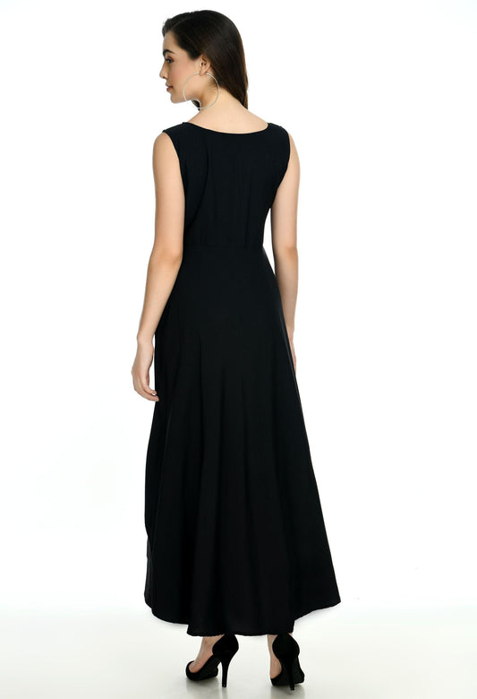 Women's Crepe Embellished Partywear Black Maxi Dress