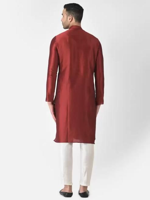 Men's Solid Slit Style Dupion Silk Kurta Pajama Set Red White