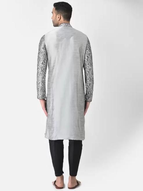 Men's Printed Dupion Silk Kurta Pajama Set Silver-Black