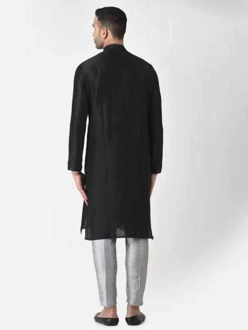 Men's Solid Slit Style Dupion Silk Kurta Pajama Set Black-Silver