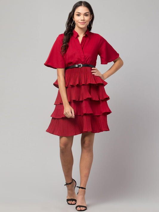 Women's Crepe Solid Shirt Collar Flared Red Short Dress