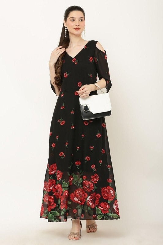 Women's Floral Print V-Neck Georgette Maxi Dress