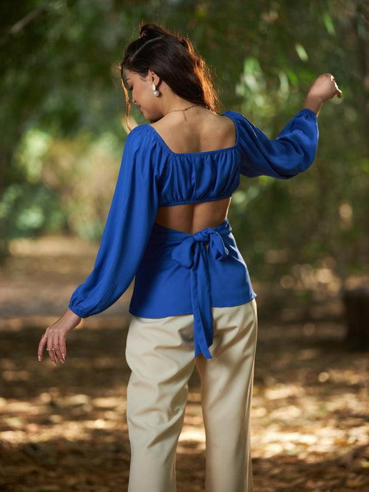 Women's Solid Royal Blue Front Ruched Peplum Top