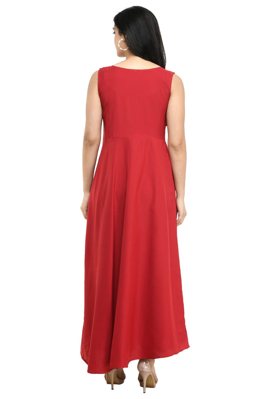 Women's Crepe Embellished Partywear Red Maxi Dress
