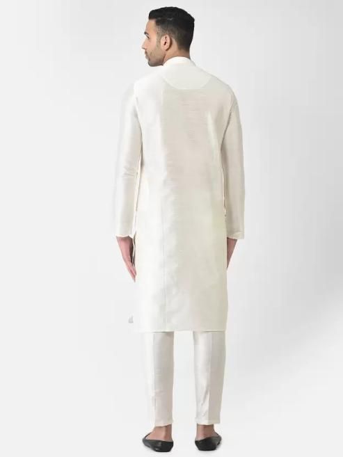 Men's Solid Dupion Silk Kurta Pyjama Set Off White