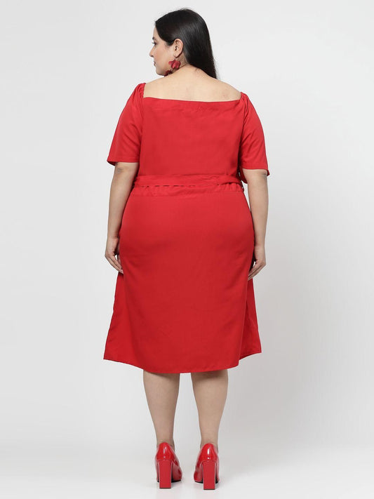 Red Solid Flared Short Dress for Women