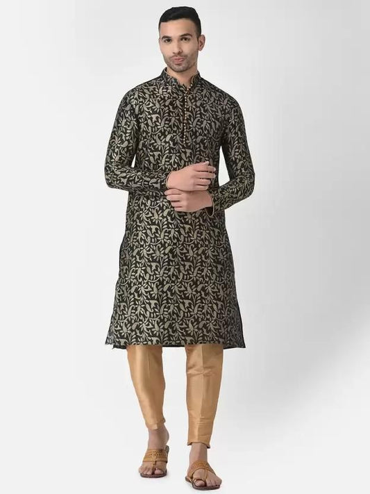 Men's Printed Dupion Silk Kurta Pyjama Set Black-Golden