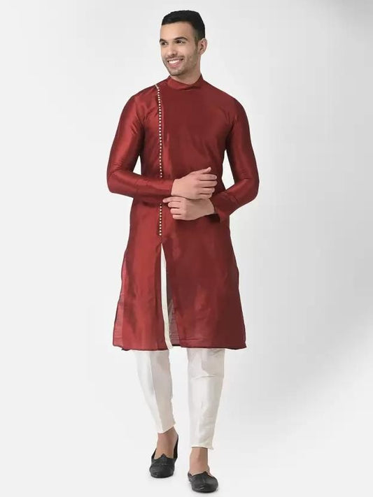 Men's Solid Slit Style Dupion Silk Kurta Pajama Set Red White