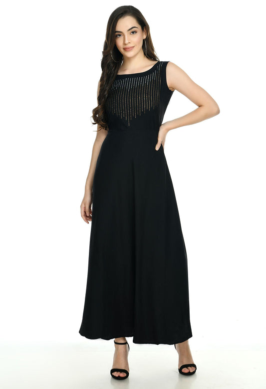 Women's Crepe Embellished Partywear Black Maxi Dress