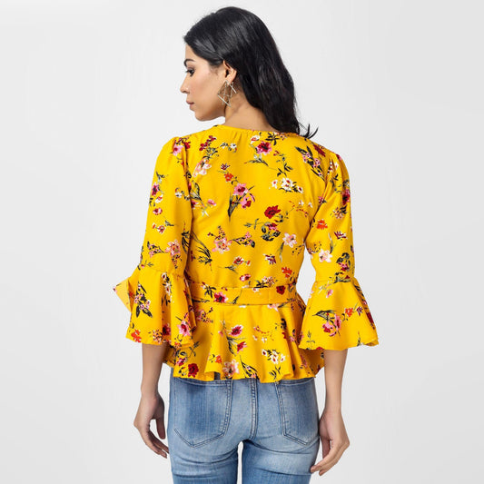 Women's Crepe Floral Print Mustard Top