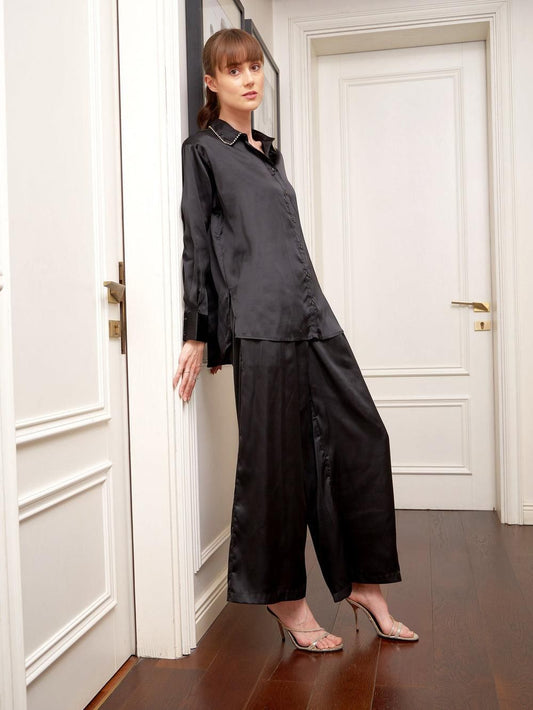 Women's Black Satin Longline Shirt With Lounge Pants