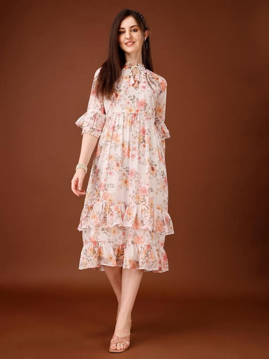 Women's Georgette Floral Print Flared Midi Dress