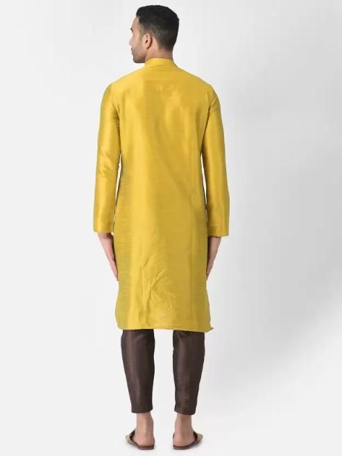 AHBABI Men's Solid Slit Style Dupion Silk Kurta Pyjama Set Mustard-Brown