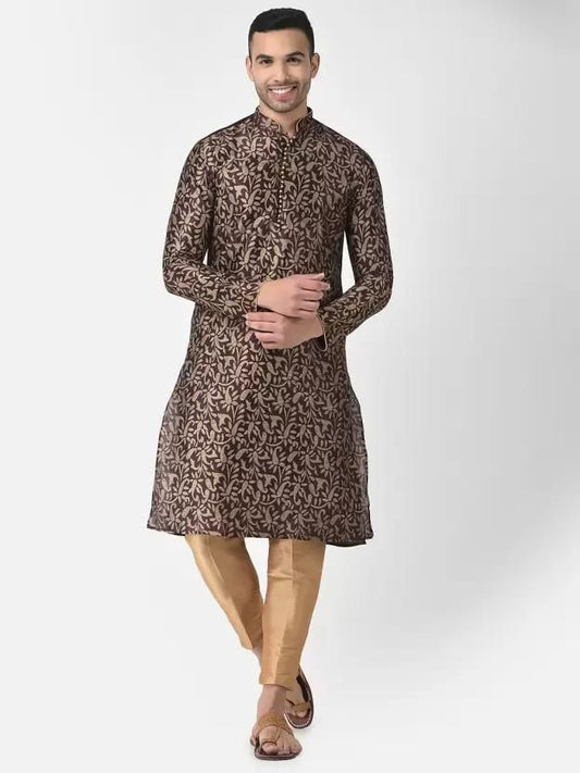 Men's Printed Dupion Silk Kurta Pyjama Set Maroon-Golden