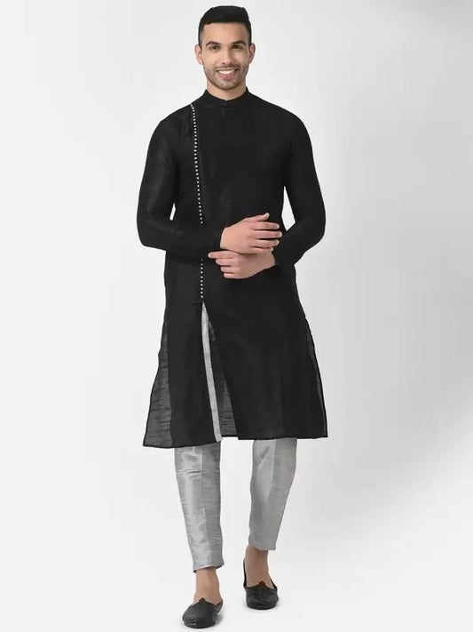 Men's Solid Slit Style Dupion Silk Kurta Pajama Set Black-Silver