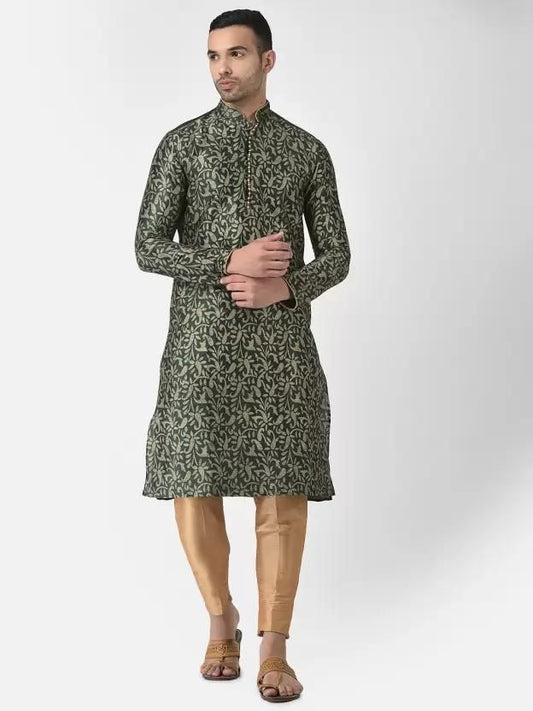 Men's Printed Dupion Silk Kurta Pyjama Set Green-Golden