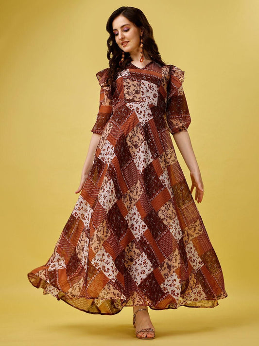 Women's Georgette Printed Flared Maxi Dress