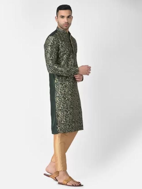 Men's Printed Dupion Silk Kurta Pyjama Set Green-Golden
