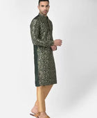 Men's Printed Dupion Silk Kurta Pyjama Set Green-Golden