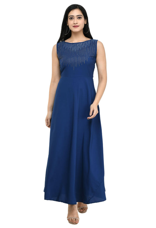 Women's Crepe Embellished Partywear Navy Blue Maxi Dress