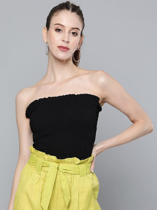 Women's Solid Black Smocking Tube Knit Top