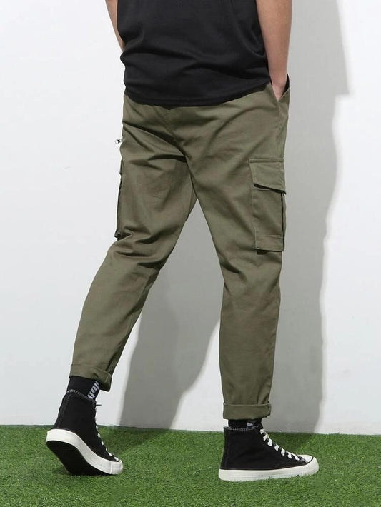 Men's Cotton Solid Multipocket Olive Cargo Pant Slim Fit