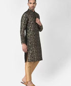 Men's Printed Dupion Silk Kurta Pyjama Set Black-Golden