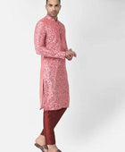 Men's Printed Dupion Silk Kurta Pyjama Set Pink-Red