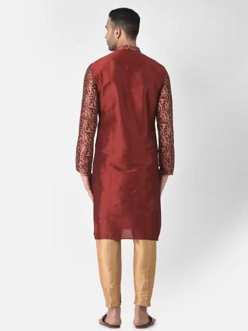 AHBABI Men's Printed Dupion Silk Kurta Pyjama Set Red-Golden