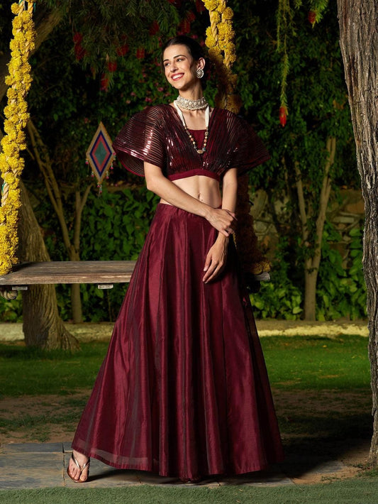 Women's Maroon Mesh Metallic Detail Top with Long Skirt