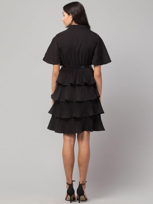 Women's Crepe Solid Shirt Collar Flared Black Short Dress