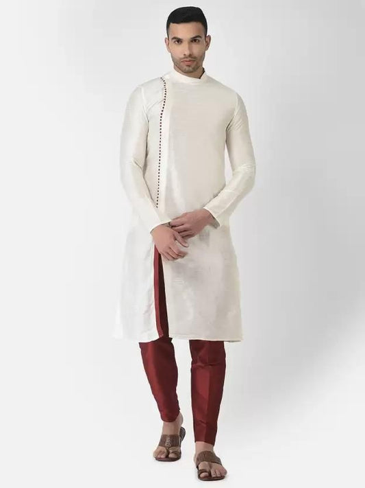 AHBABI Men's Solid Slit Style Dupion Silk Kurta Pyjama Set Off White-Red