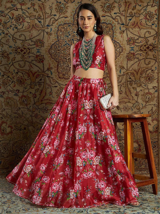 Women's Red Chandri Floral Crop Top With Skirt