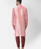 Men's Printed Dupion Silk Kurta Pyjama Set Pink-Red
