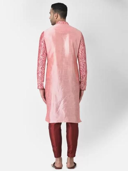 Men's Printed Dupion Silk Kurta Pyjama Set Pink-Red