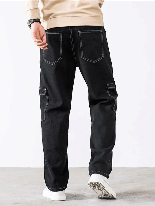 Men's Cotton Solid Multipocket Black Cargo Jeans