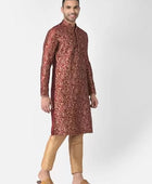 Men's Printed Dupion Silk Kurta Pyjama Set Red-Golden