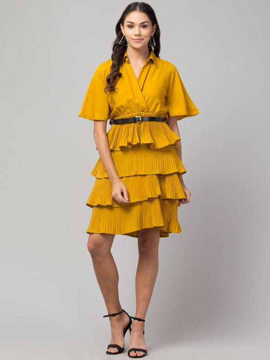Women's Crepe Solid Shirt Collar Flared Mustard Short Dress