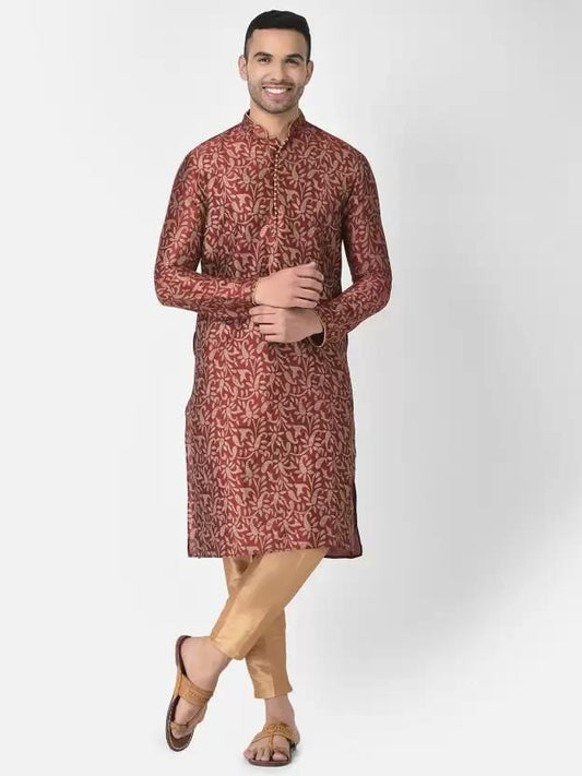 Men's Printed Dupion Silk Kurta Pyjama Set Red-Golden