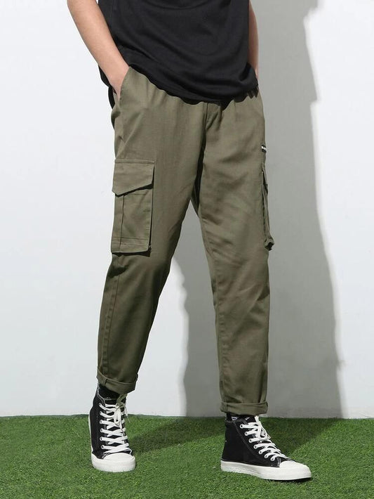 Men's Cotton Solid Multipocket Olive Cargo Pant Slim Fit