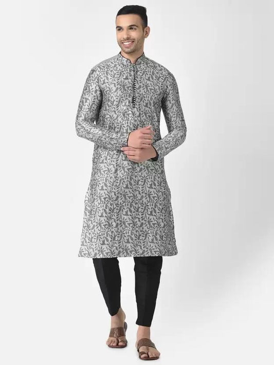 Men's Printed Dupion Silk Kurta Pajama Set Silver-Black